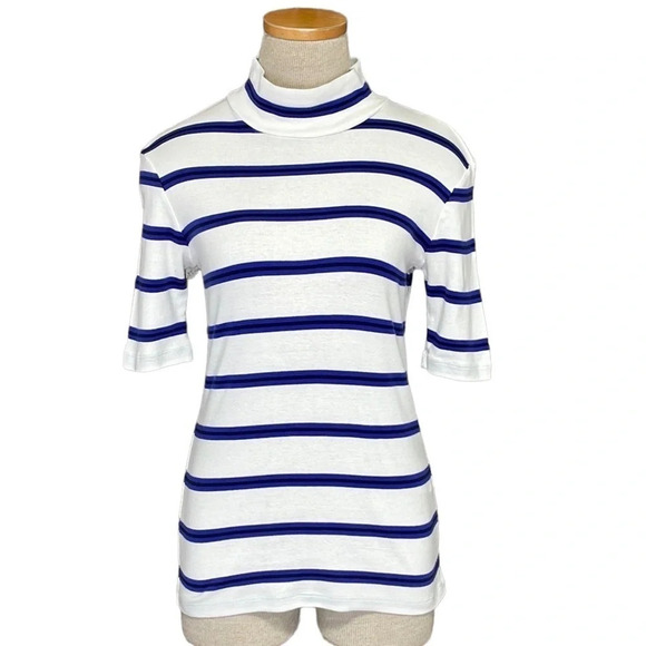 CLOSED Italy Knit Top Mock Neck T-Shirt White Blue Stripes Small - Picture 1 of 11